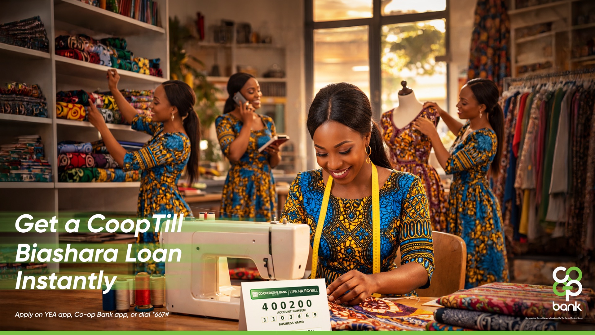 Get a Co-op Till Biashara Loan instantly — tailor running her fashion business