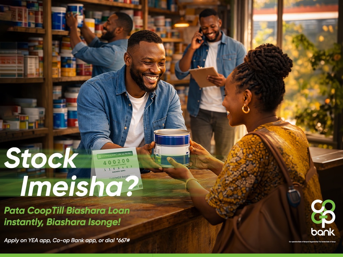 Stock imeisha? Pata Co-op Till Biashara Loan instantly — shopkeeper serving a customer